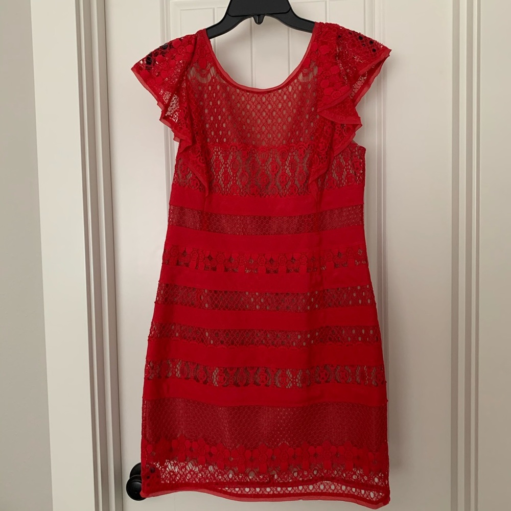 Size 6 BCBG red flutter sleeve lace overlay dress